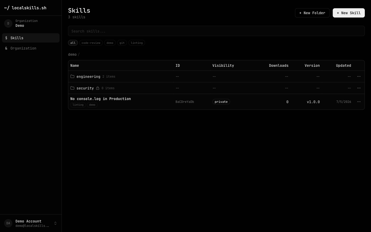 The dashboard Skills page with folders (one restricted, marked with a lock) and a skills table