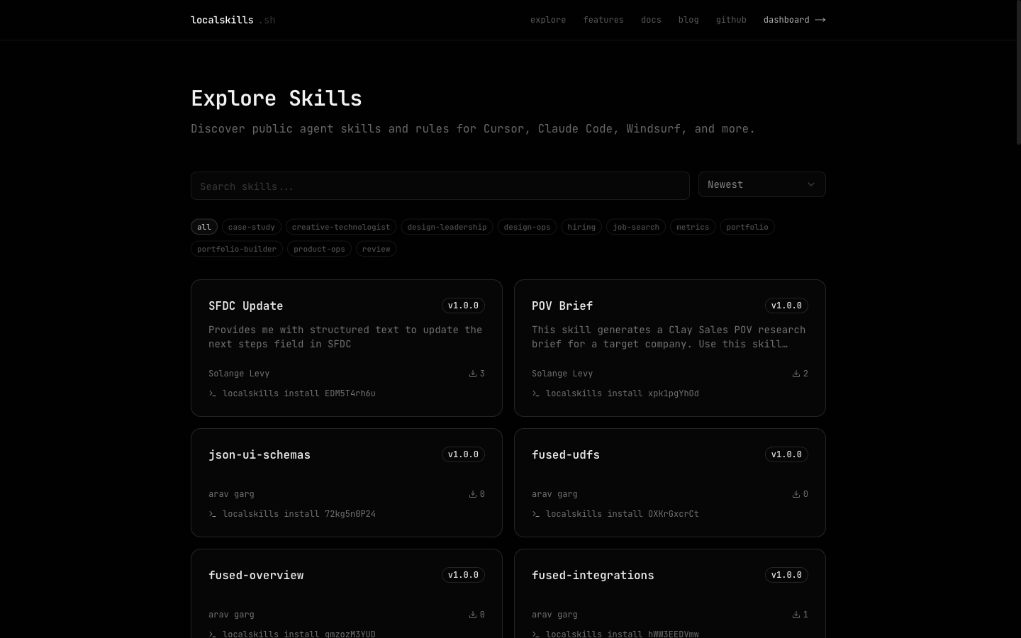 The public Explore page listing community skills with search and tag filters