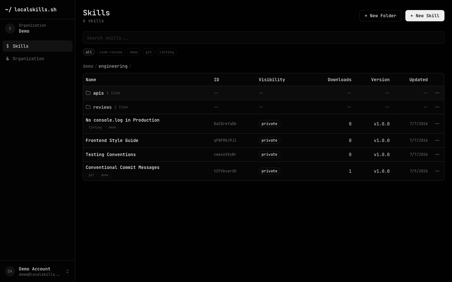 The dashboard skills table inside the engineering folder, showing subfolders and skills with breadcrumb navigation