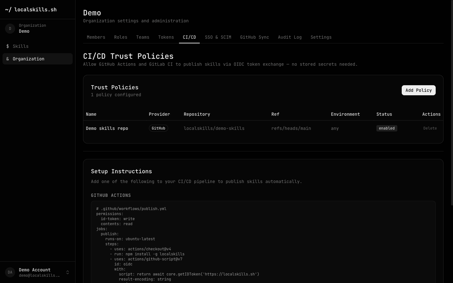The CI/CD Trust Policies tab with one GitHub Actions policy configured and setup instructions below