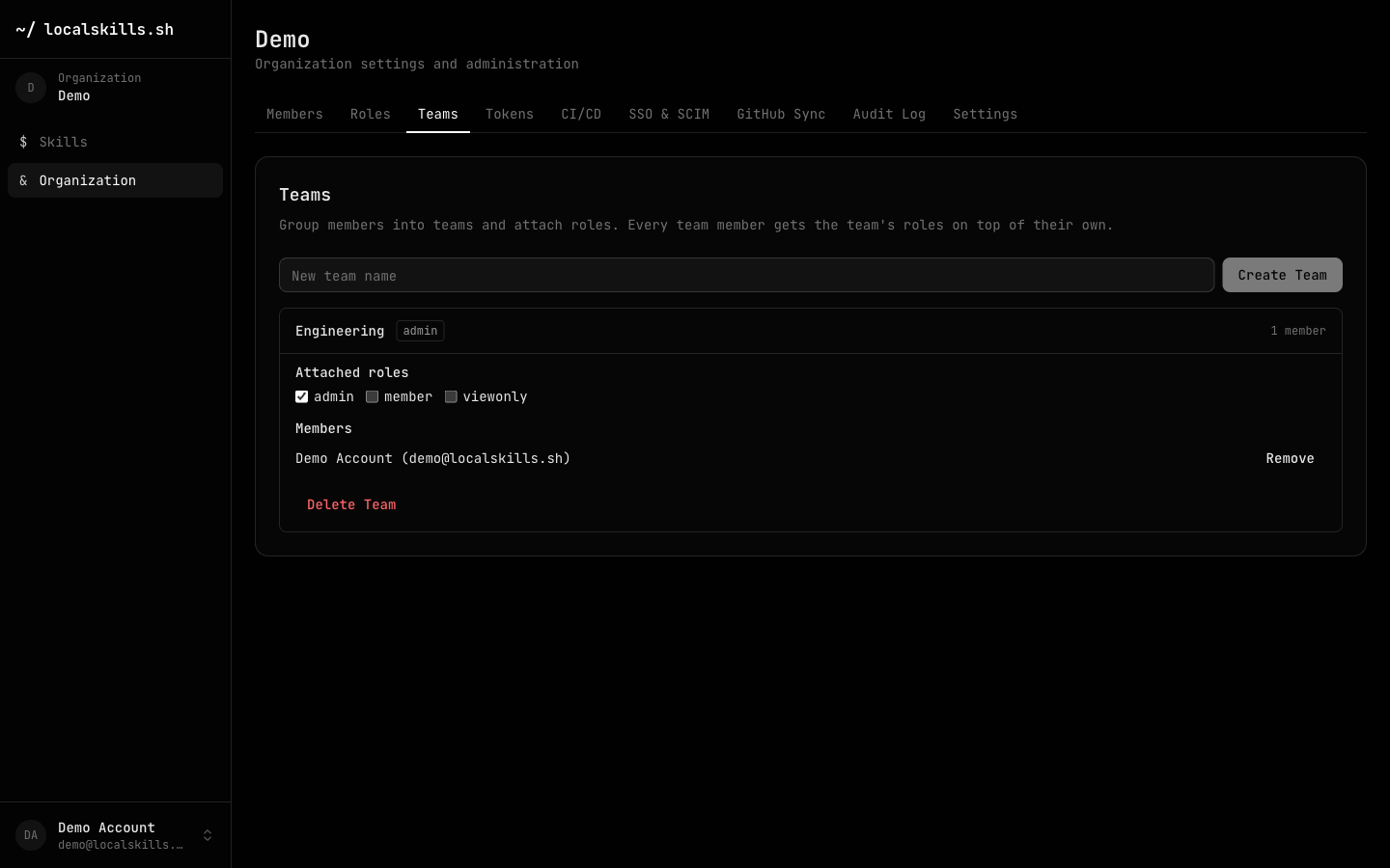 The Teams tab with an Engineering team expanded, showing attached roles checkboxes and the member list