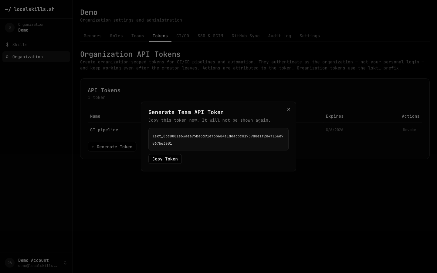 The Generate Team API Token dialog showing a newly created lskt_ token with a copy button