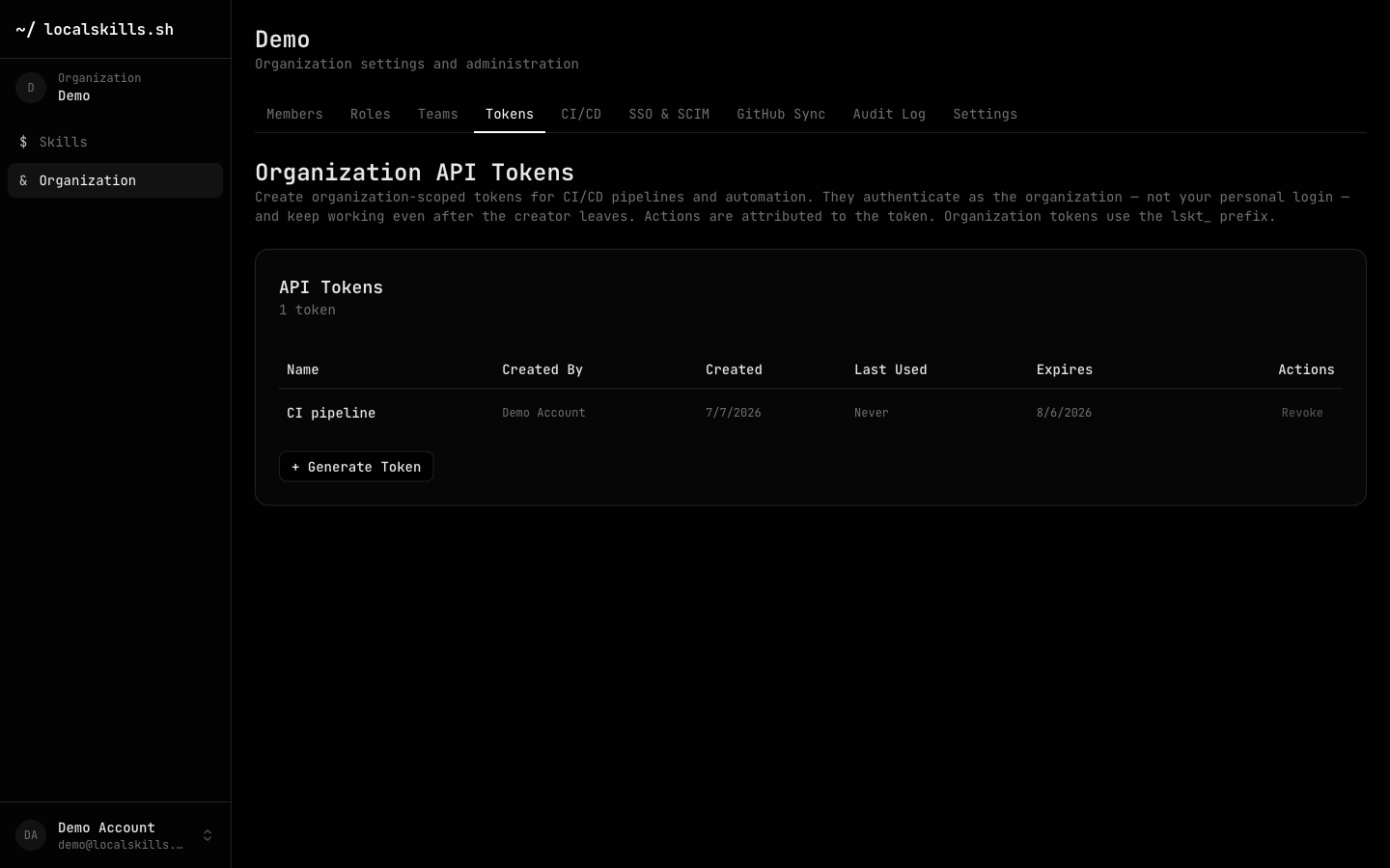 The organization Tokens tab listing a token with its creator, creation date, last used, and expiry columns